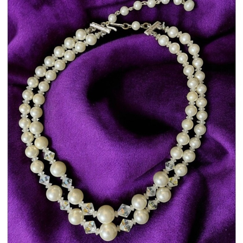 Mid century Pearl&Crystal double strand beaded necklace, signed Japan